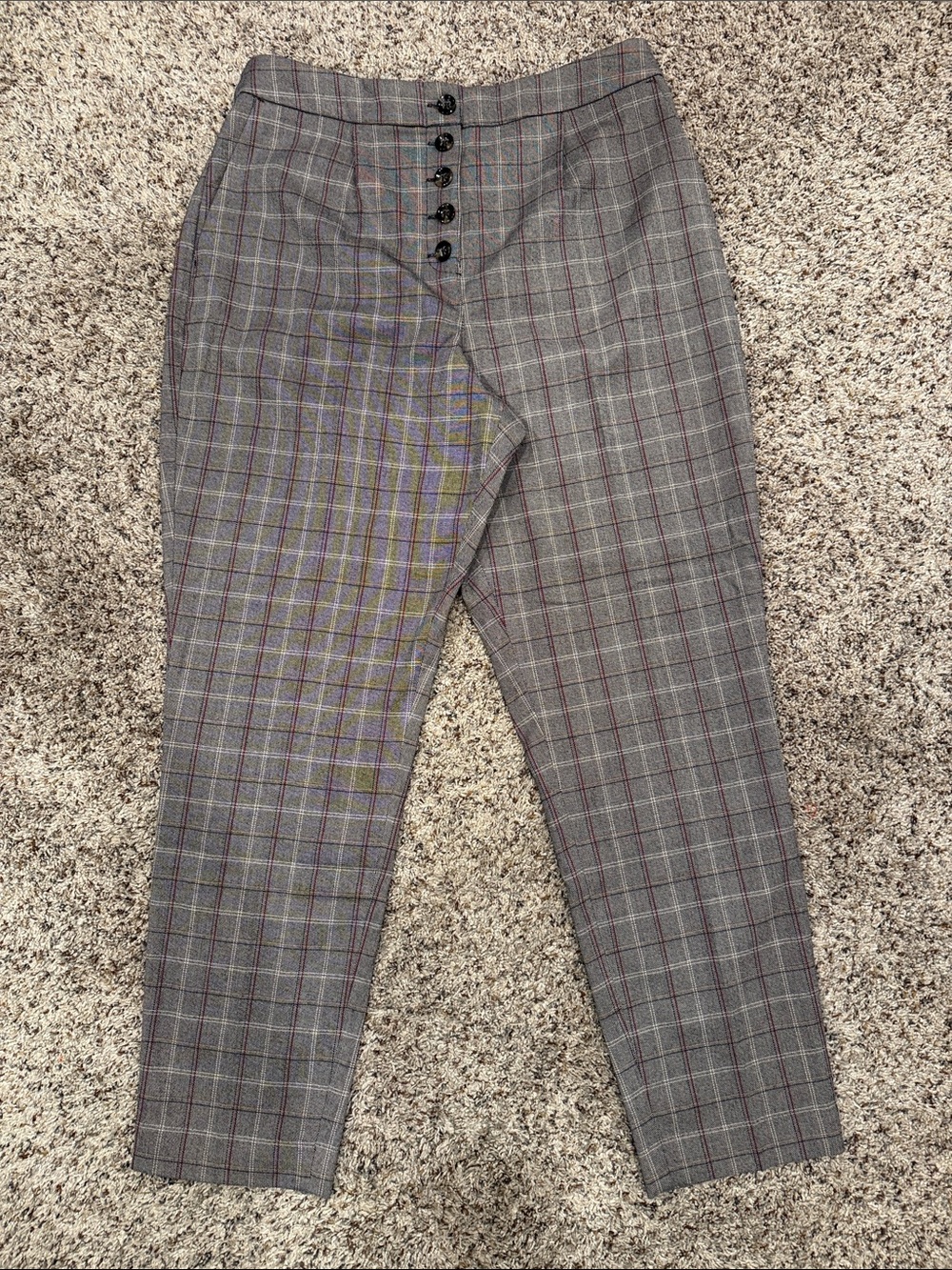 Express Gray Plaid High-Waist Button-Front Trousers